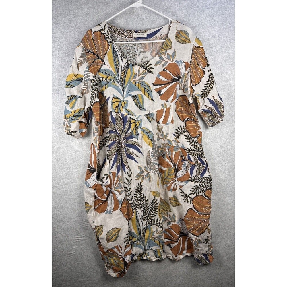 Wool Overs Linen Dress (US 12) Midi Tropical Oversize Lagenlook Utility Chore